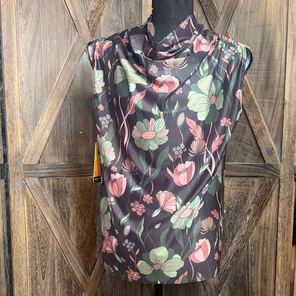 Goddess Cowl Neck Sleeveless Floral Tank Top NWT